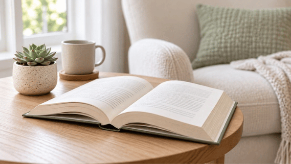 An open book on a wooden table beside a succulent and a mug in a cozy reading nook.